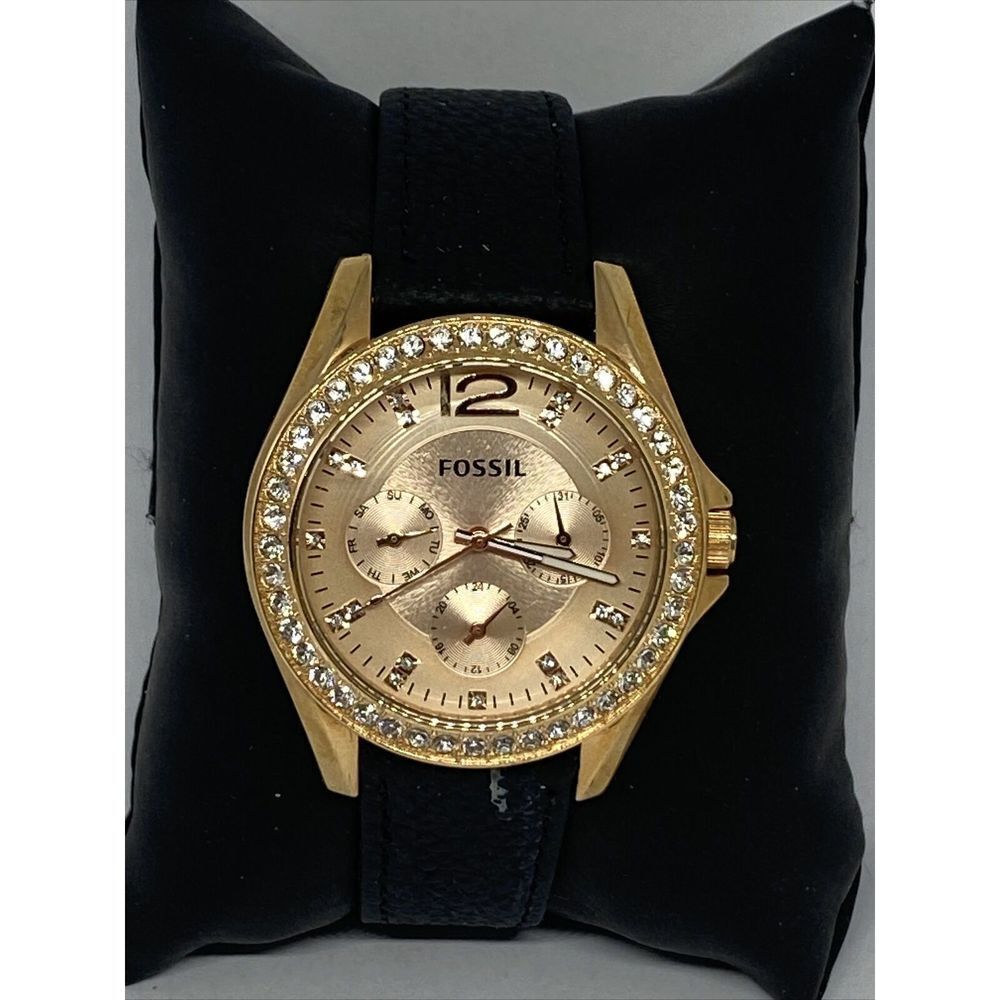 Fossil ES2811 Women's Black Leather Rose Analog Dial Quartz Wrist Watch CM675